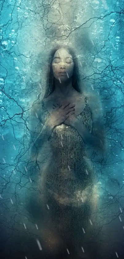 Enchanting underwater scene with ethereal water spirit in blue tones.