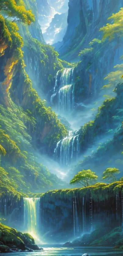 Ethereal waterfall surrounded by lush green forest in a mystical landscape.