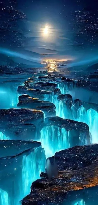 Ethereal glowing waterfall beneath a moonlit sky with vibrant blue hues.