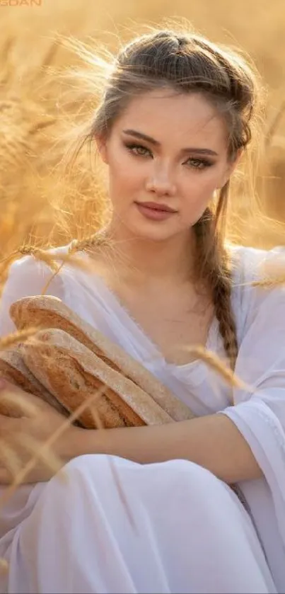 Woman in wheat field with golden light, serene atmosphere.