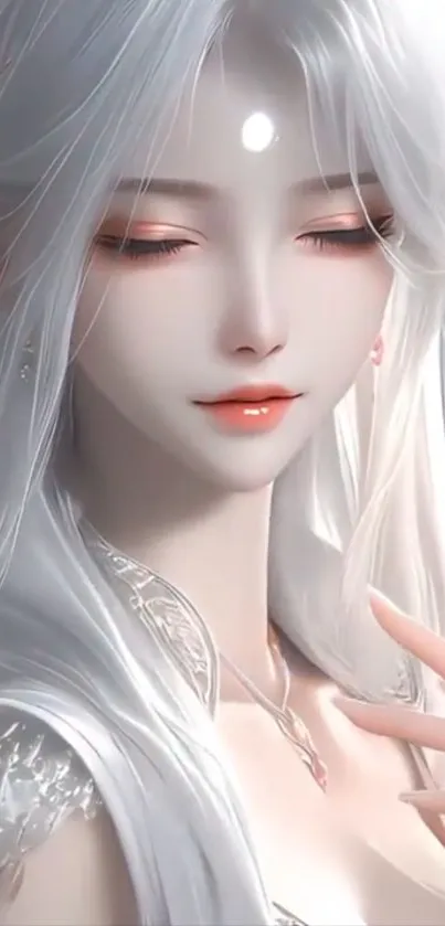 Ethereal anime character with white hair and serene expression.