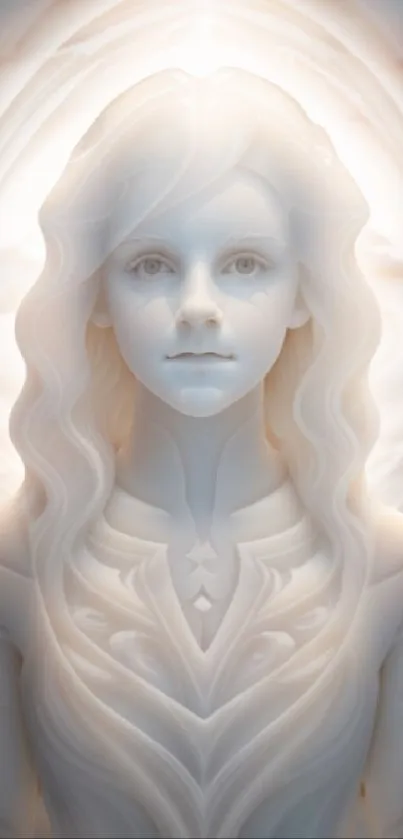 Ethereal white marble portrait with detailed sculpture.