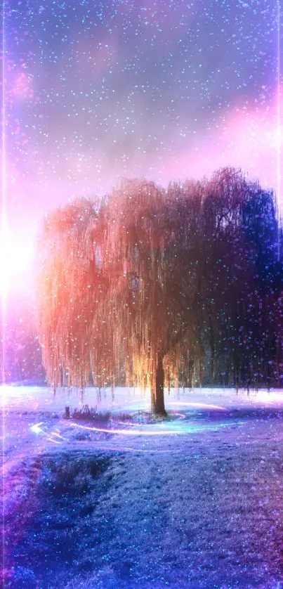 Ethereal fantasy wallpaper with a willow tree and colorful lights.