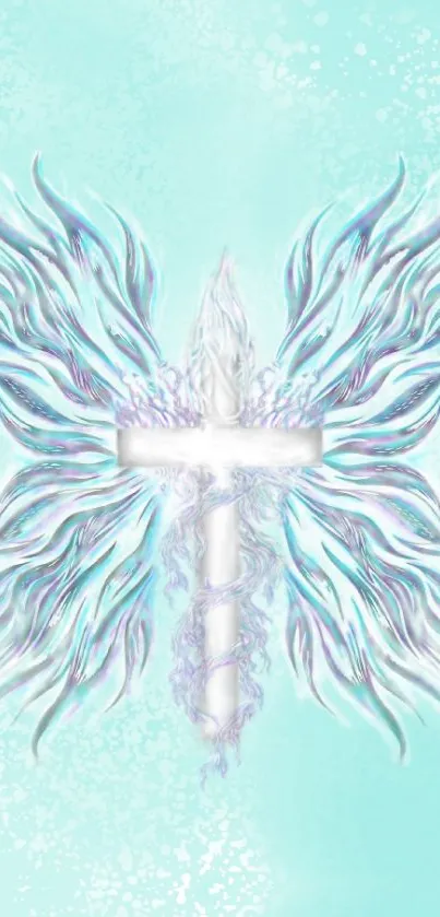 Ethereal cross with wings on aqua background wallpaper.