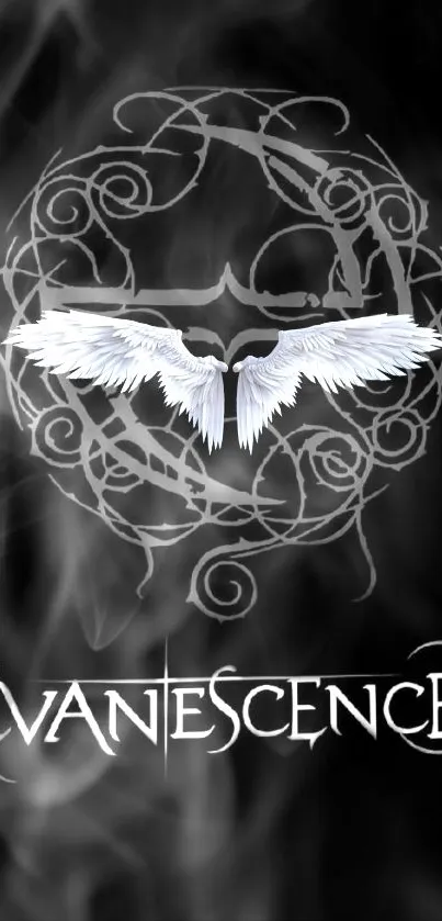 Dark wallpaper with angelic wings and Evanescence theme.