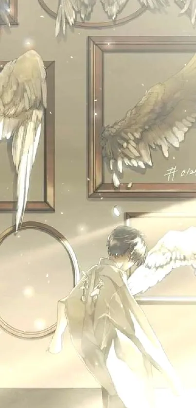 Ethereal wings and mysterious figure in dreamlike beige setting.