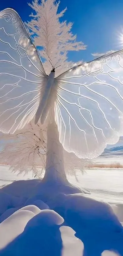 Translucent butterfly with frosty wings against a sunlit winter landscape.