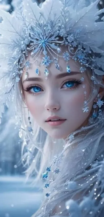 Ethereal winter fairy with snowflake crown and blue eyes in a snowy forest scene.