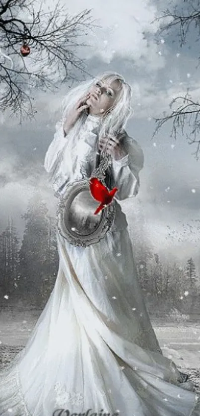 Ethereal fantasy figure in snowy forest wallpaper.