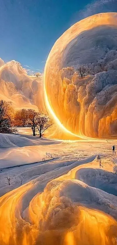 Ethereal winter sunset with glowing golden hues over snowy landscape.