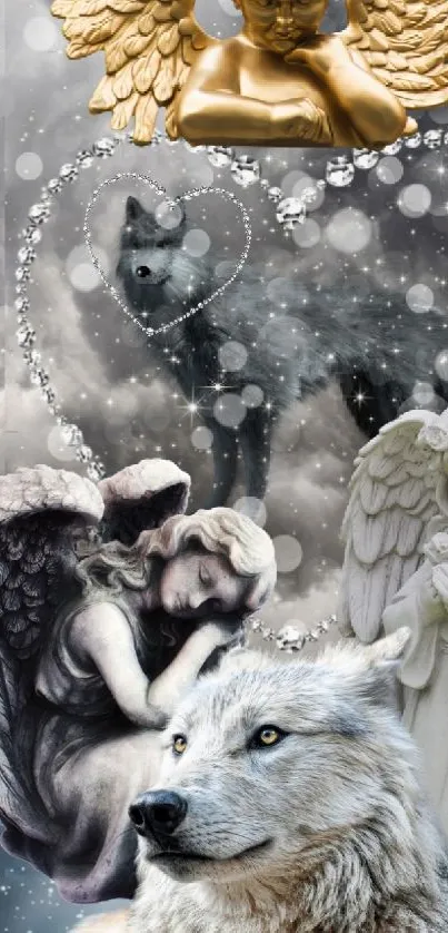 Wallpaper featuring angels and wolf in a surreal cloudy setting.