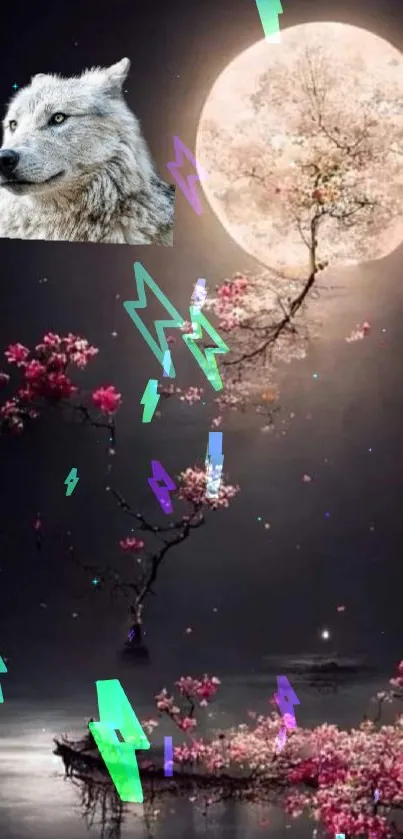 Ethereal wolf and moon with cherry blossoms.