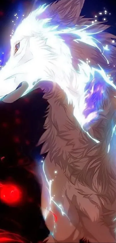 Fantasy wolf surrounded by luminous energy in a dark red setting.