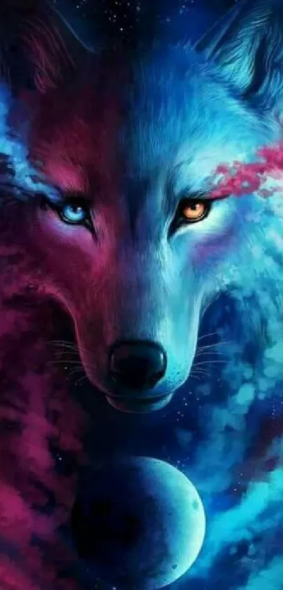 Ethereal wolf in cosmic colors with a galaxy background.