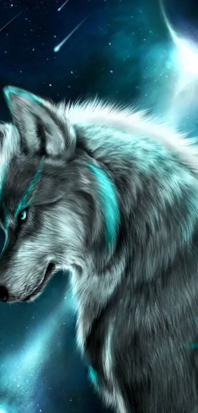 Majestic wolf with cyan highlights in a cosmic galaxy background.