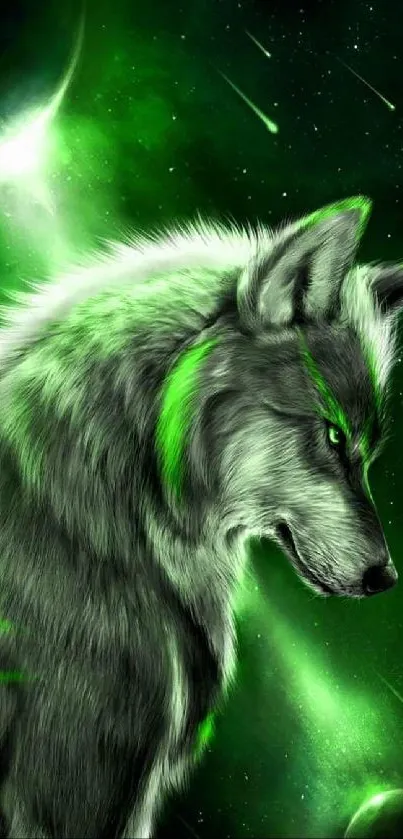 Majestic wolf with green highlights in a cosmic background.