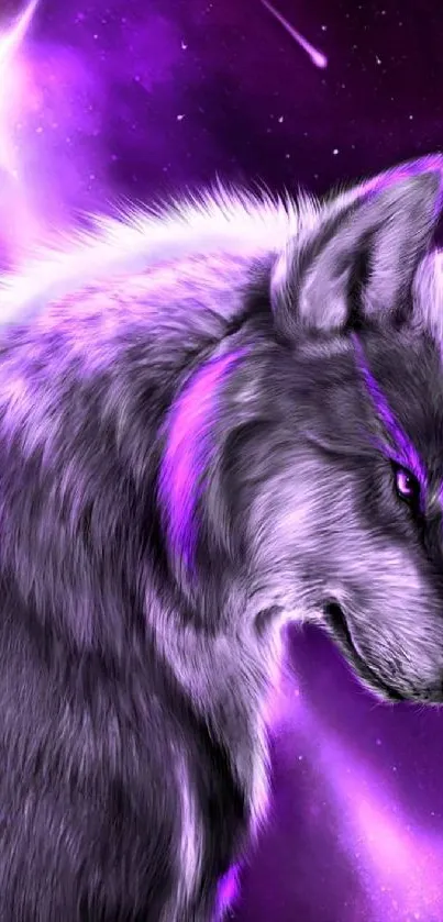 Majestic wolf in a vibrant purple nebula scene, perfect for mobile display.