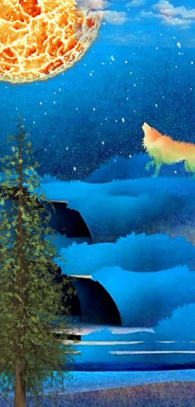 Surreal blue night scene with wolf and fiery sky.