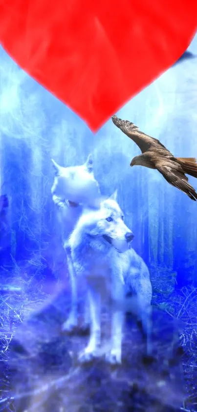 Ethereal wolves in blue forest with a red heart overhead and a bird flying.