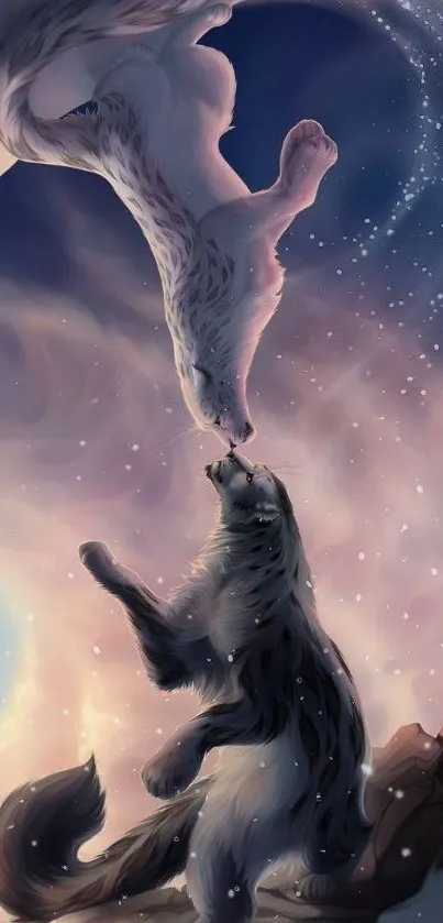 Fantasy wolves in a mystical, starry night scene on mobile wallpaper.