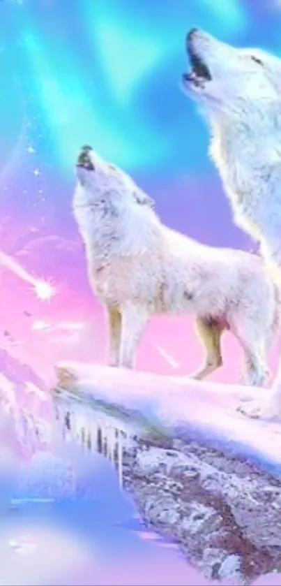 Wolves howling under a moonlit and colorful ethereal sky.