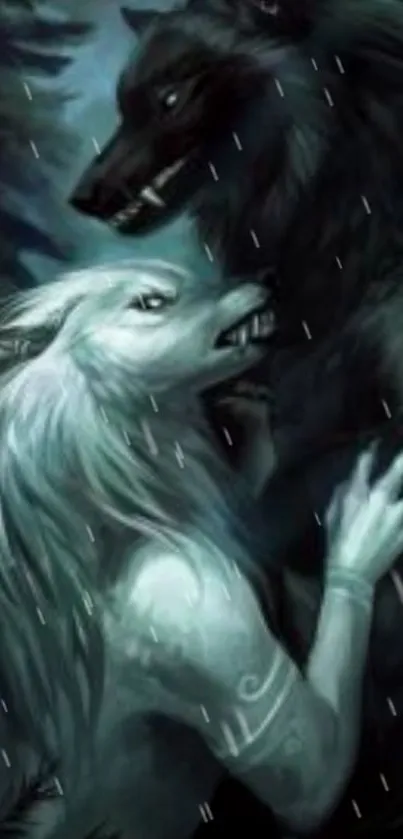 Ethereal artwork of two wolves embracing in the rain.