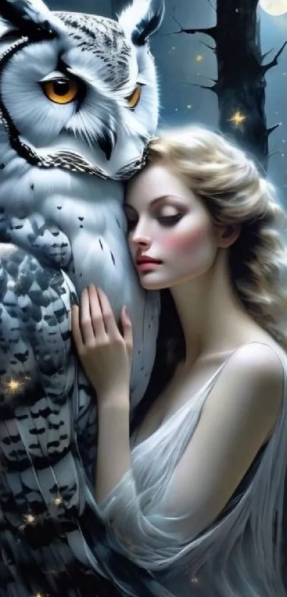 Woman embraces owl in mystical night scene.