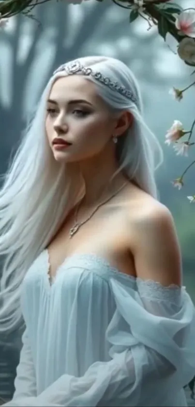 Ethereal woman with long white hair by a lake, framed by flowers.