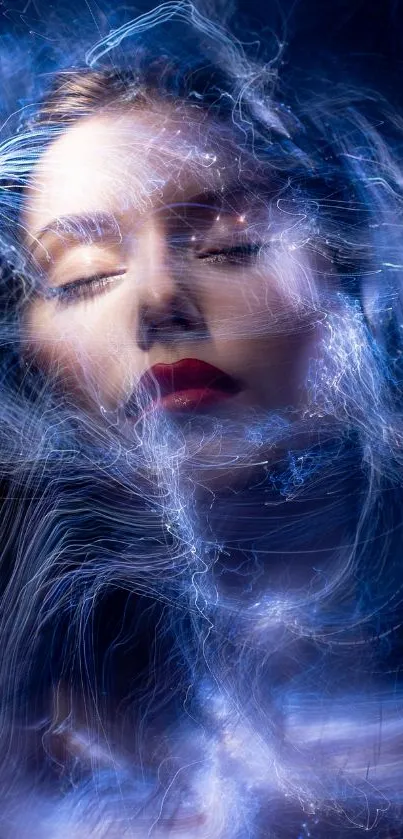 Ethereal digital art of a woman with blue swirling effects.