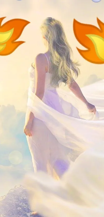 Ethereal woman standing on a cloud with fire and wind symbols in a dreamy setting.