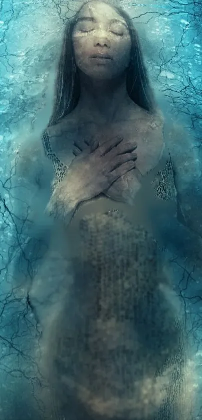 Ethereal woman in a mystical blue background.