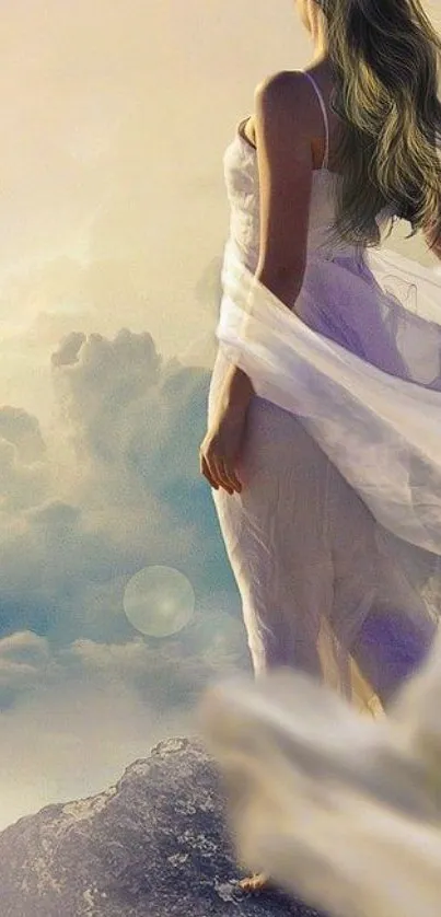 Ethereal woman in flowing dress against a dreamy cloudscape.