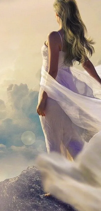 Ethereal woman stands amidst clouds in a flowing white dress canvas.