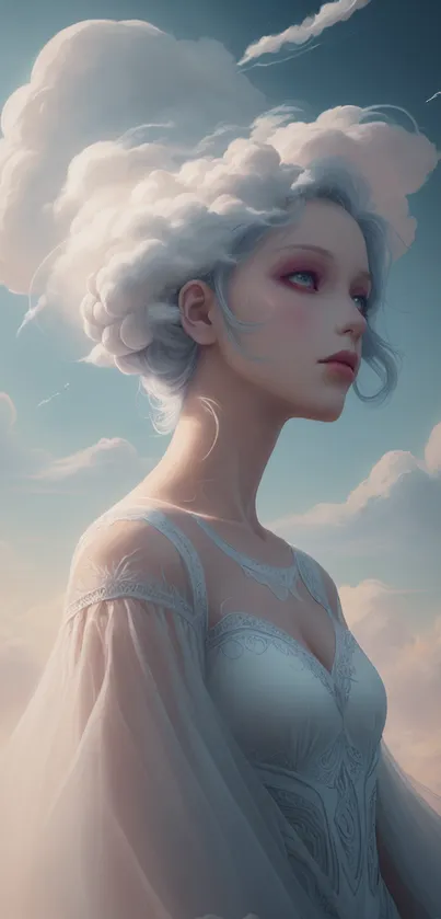 Artistic wallpaper of woman with cloud-like hair in a serene sky.