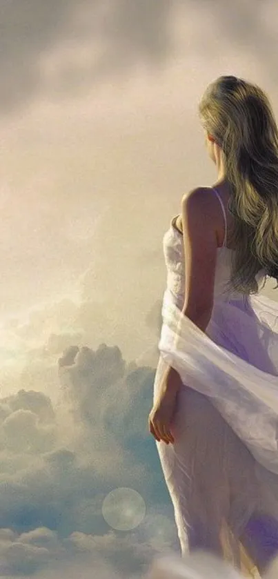 Ethereal woman gazes into cloudy horizon.