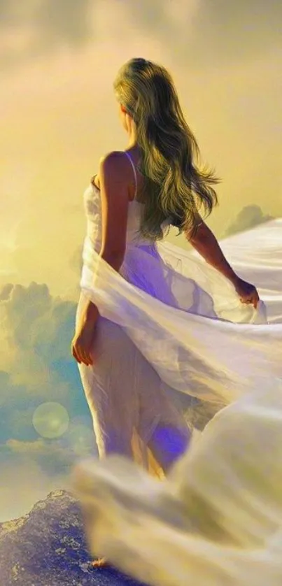 Ethereal woman in flowing dress stands in a dreamy cloudscape.