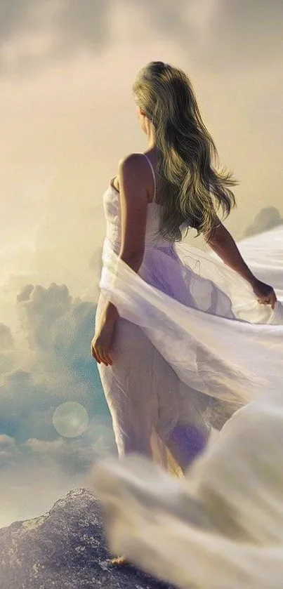 A mystical woman in white stands overlooking a cloudscape.