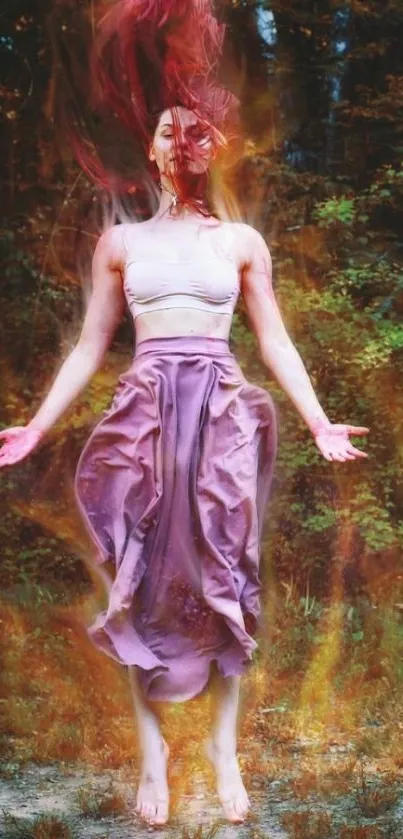 Levitating woman with fiery aura in a forest setting, exuding mystical energy.