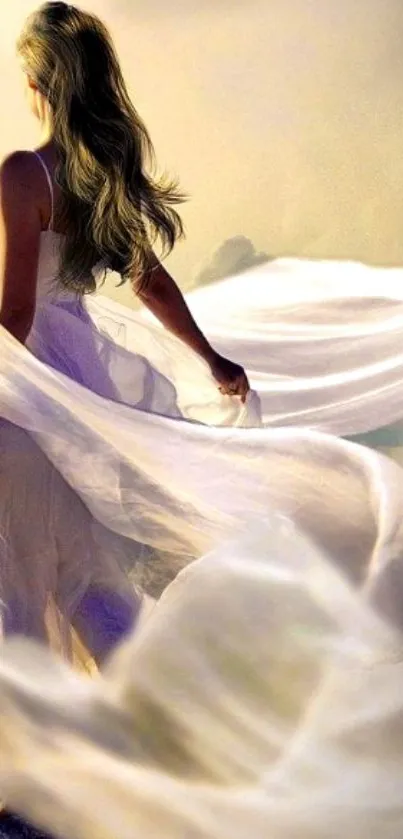 Ethereal woman in flowing dress under a dreamy sky.