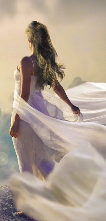 Ethereal woman in flowing white dress against dreamy sky.