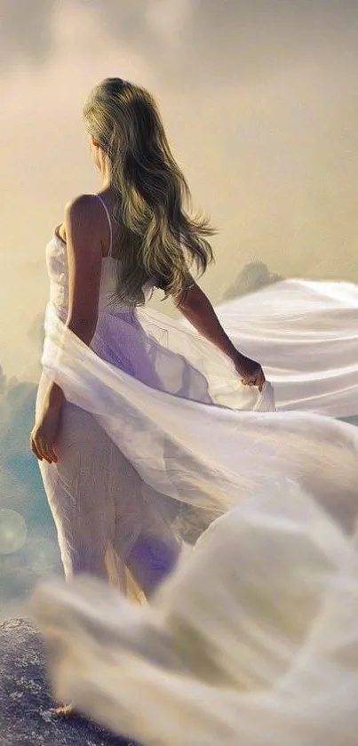 Ethereal mobile wallpaper of woman in flowing white dress with dreamy sky backdrop.