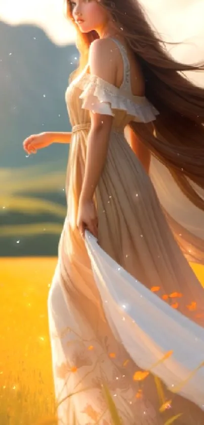 A woman in a flowing dress stands gracefully in a vibrant golden field with mountains.