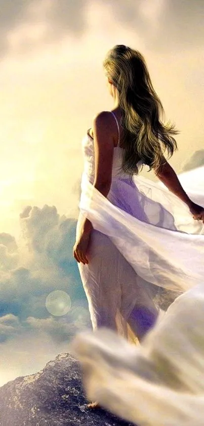 Ethereal woman on cliff with flowing dress in a serene sky.