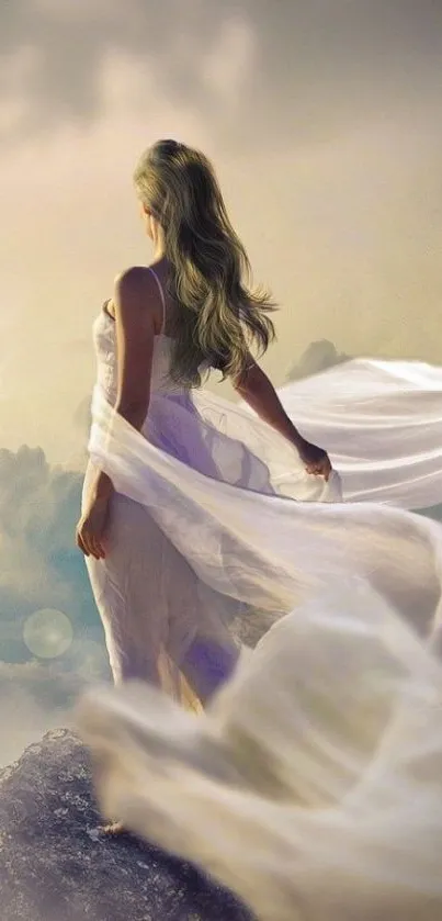 Ethereal woman in flowing dress amidst clouds.