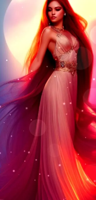 Elegant woman in flowing pink gown with vibrant colorful background.