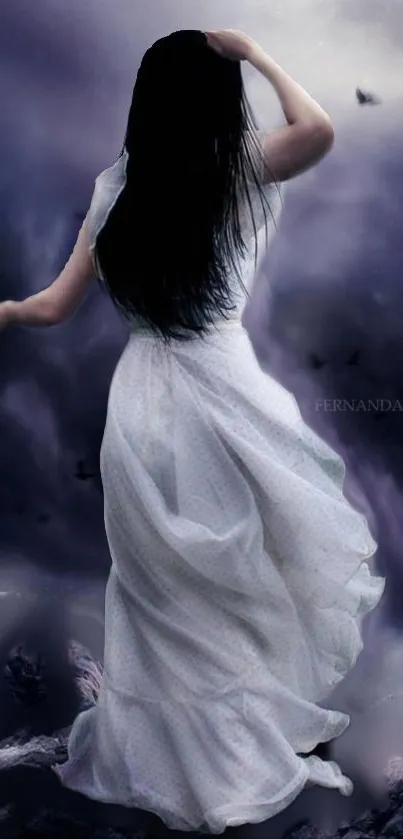 Woman in white dress amidst mystical dark purple scene.