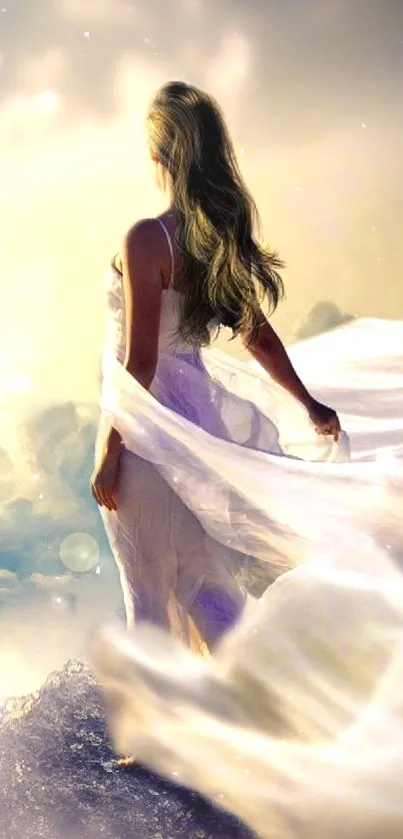 Ethereal woman in white dress on cloud with glowing light.