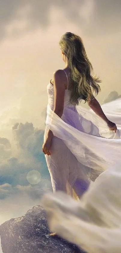 Ethereal woman on cliff with dreamy sky.