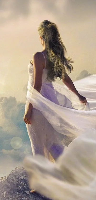 Woman in a flowing gown standing on a cliff, gazing at a misty horizon.