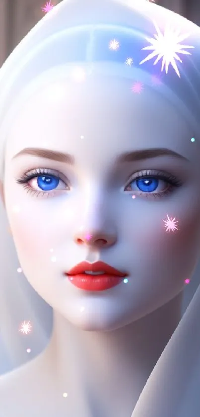 Elegant digital art of a woman with blue eyes and soft colors.